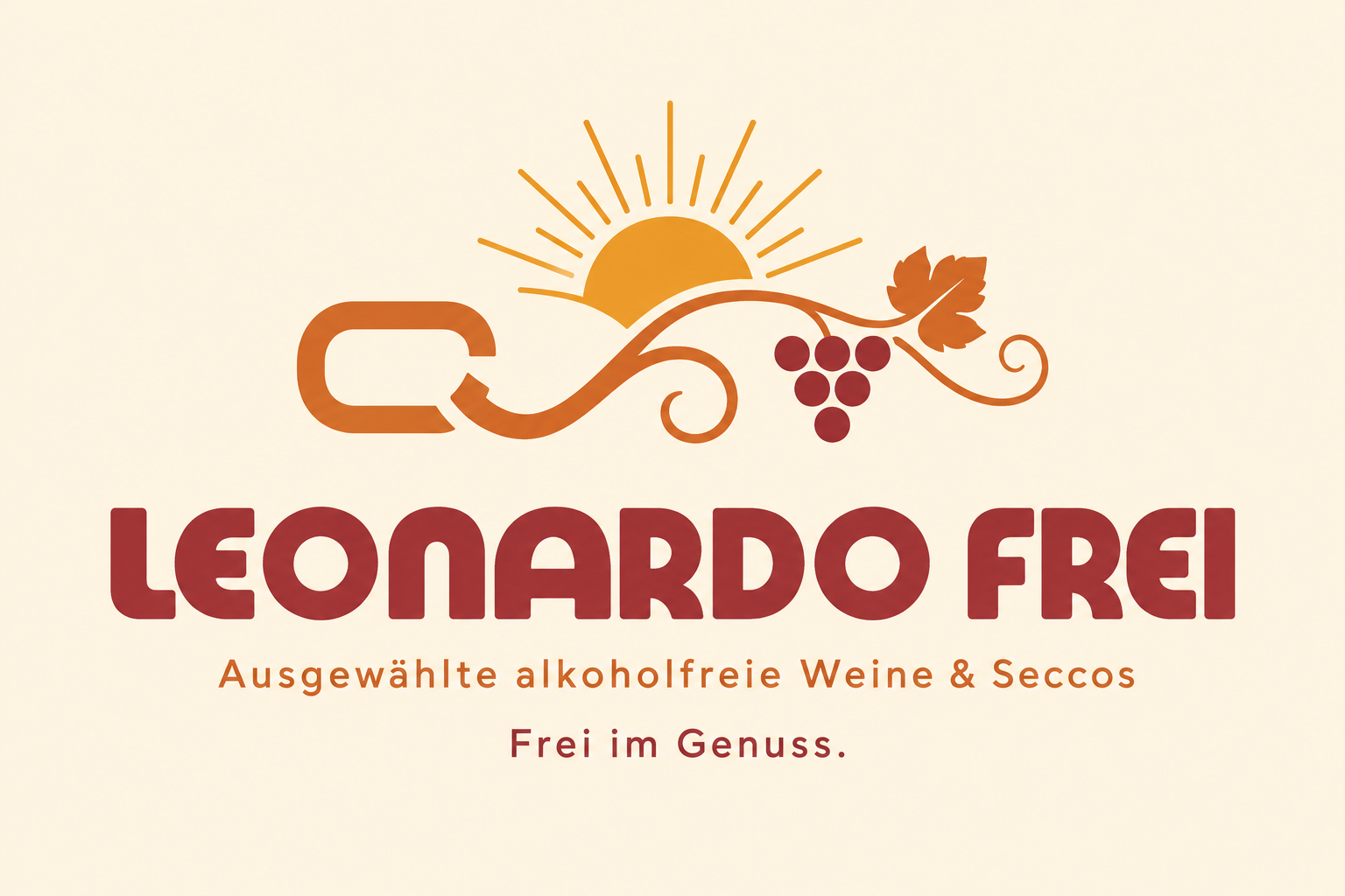 Leonardo Frei – Markenmotiv mit geöffneter Kette, Weinrebe und aufgehender Sonne