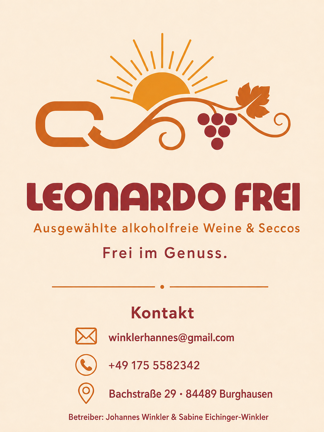 Leonardo Frei Kontaktkarte mit Markenmotiv und Kontaktdaten